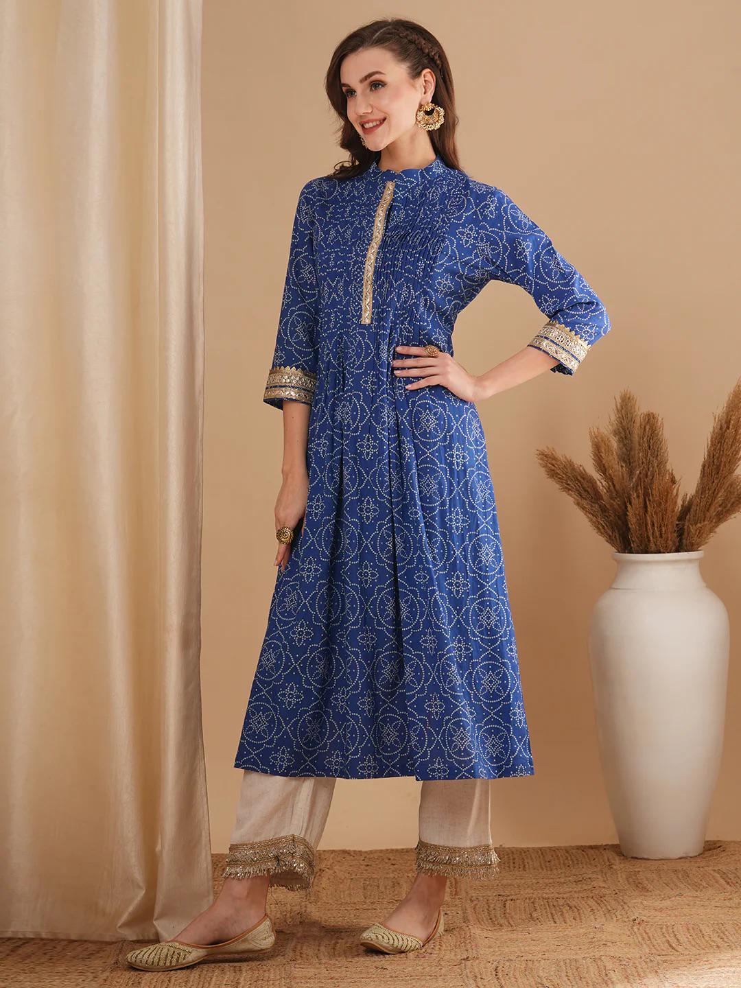 Bandhani Printed & Embroidered A-Line Pleated Kurta - Blue