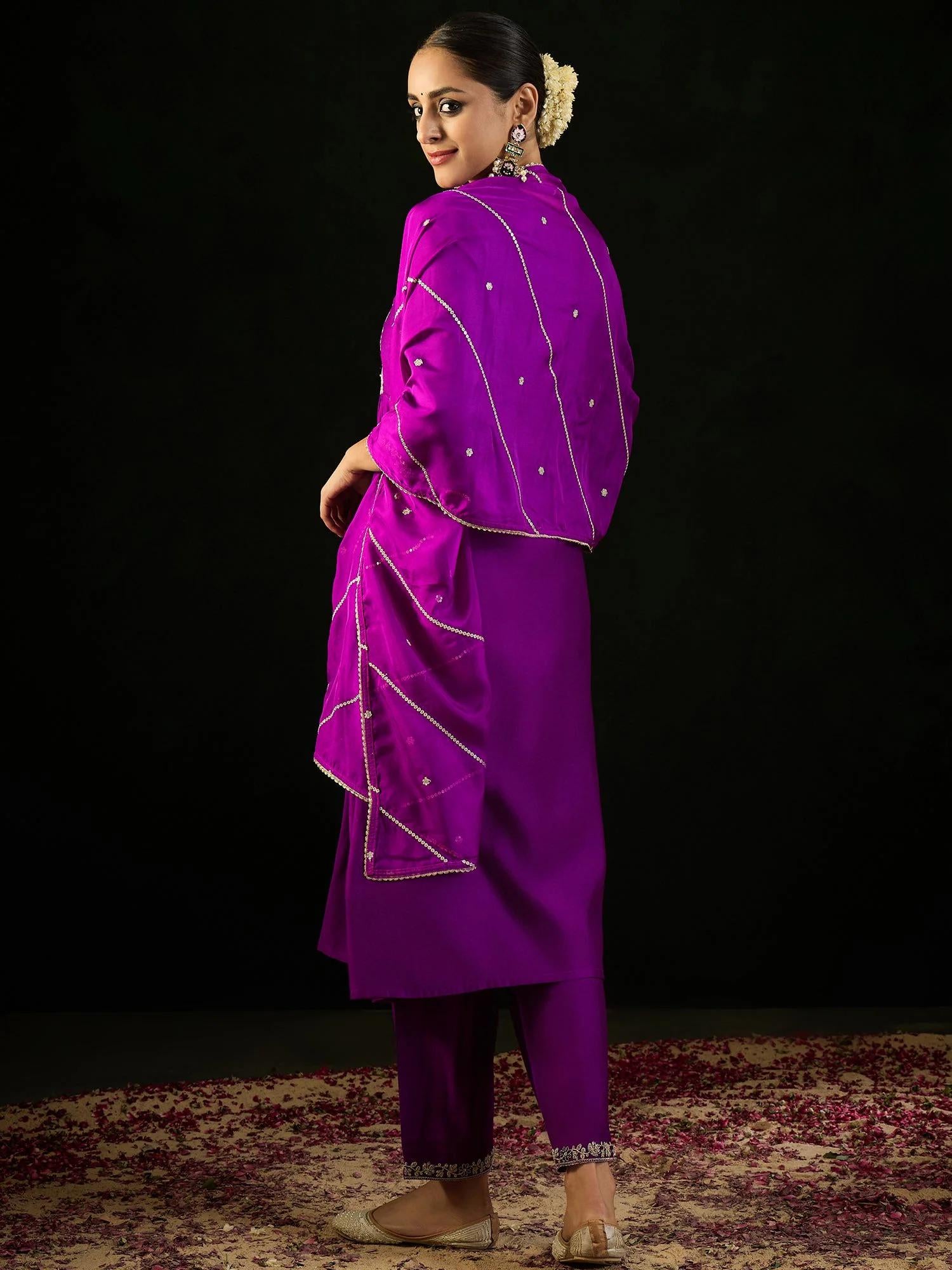 Purple Embroidered Kurta Pant Set: Silk Blend Dupatta