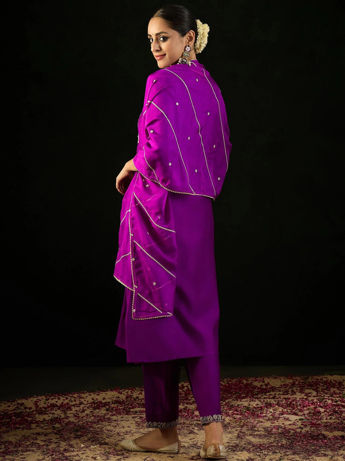 Purple Embroidered Kurta Pant Set: Silk Blend Dupatta