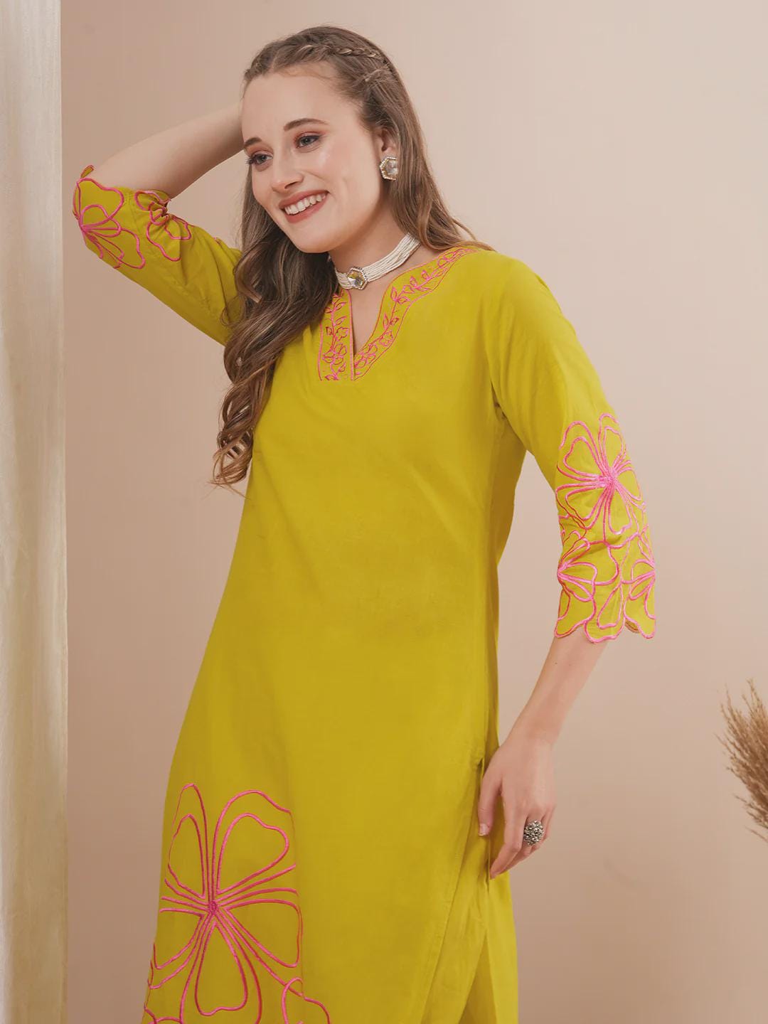 Abstract Floral Cutwork Embroidered Straight Fit Kurta Set - Lime Green