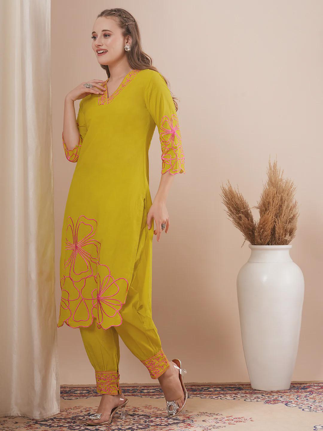 Abstract Floral Cutwork Embroidered Straight Fit Kurta Set - Lime Green