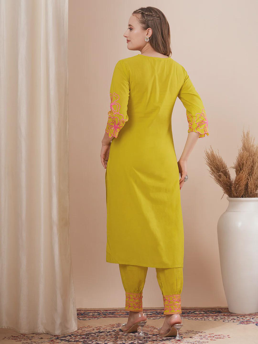 Abstract Floral Cutwork Embroidered Straight Fit Kurta Set - Lime Green