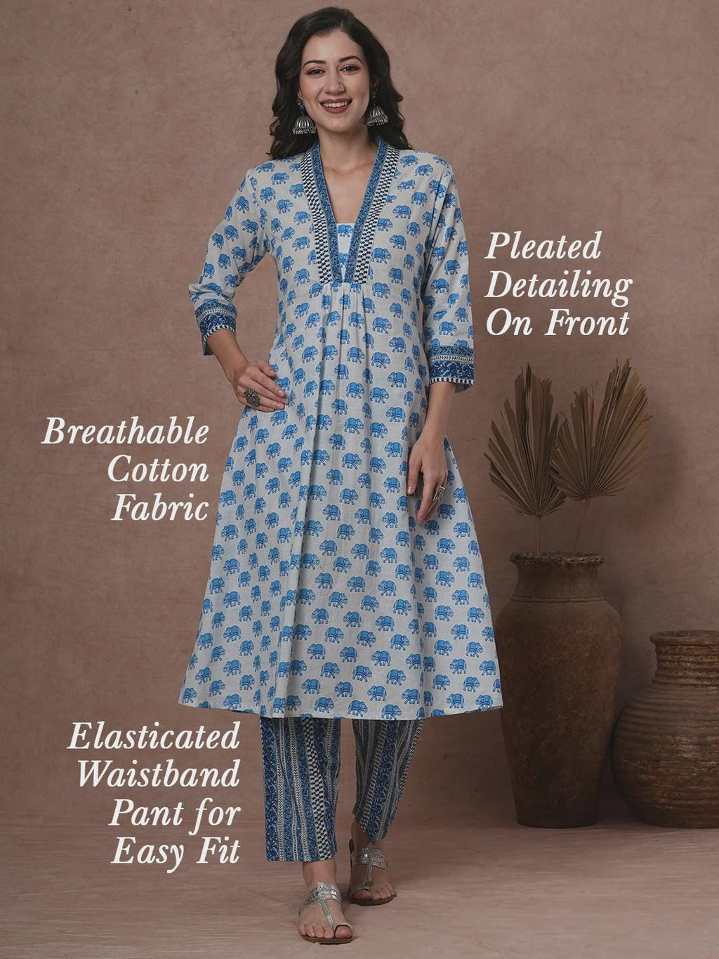 Ethnic Elephant Printed A-Line Pleated Kurta with Pant - Blue