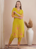 Abstract Floral Cutwork Embroidered Straight Fit Kurta Set - Lime Green