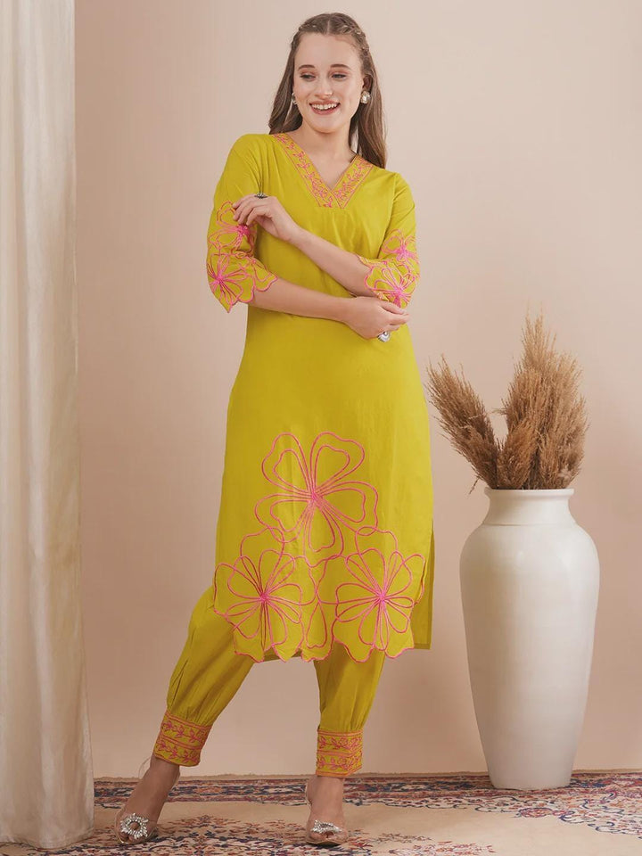 Abstract Floral Cutwork Embroidered Straight Fit Kurta Set - Lime Green