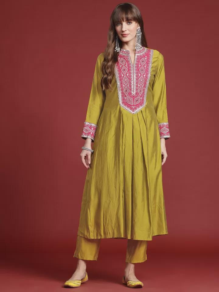 Olive Silk Blend Embroidered Kurta Set with Pink Yoke