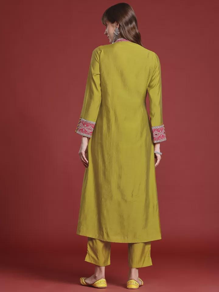 Olive Silk Blend Embroidered Kurta Set with Pink Yoke