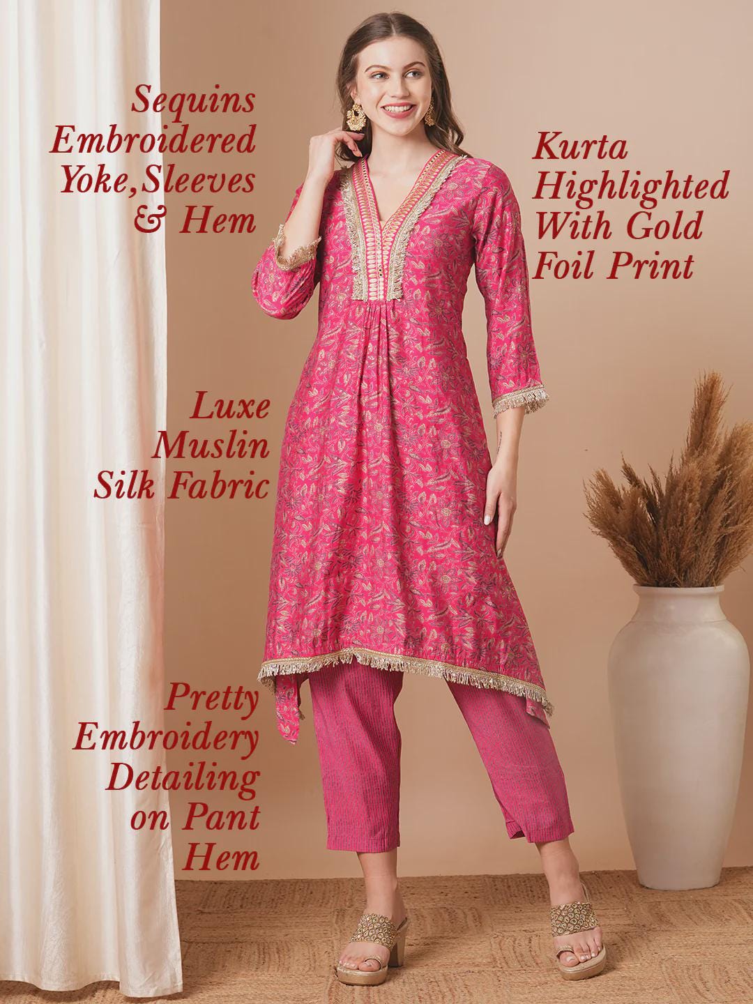 Abstract Floral Foil Printed & Embroidered A-Line Kurta with Pant - Pink