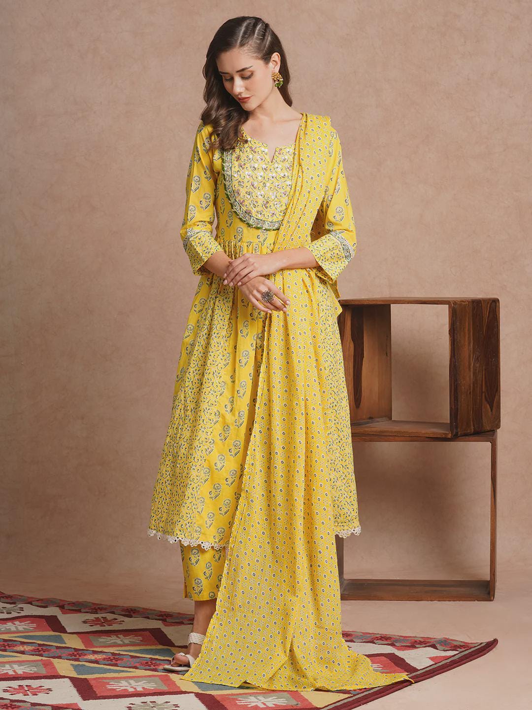 Yellow Floral Embroidered Anarkali Kurta Set: Ethnic Cotton Dress with Dupatta