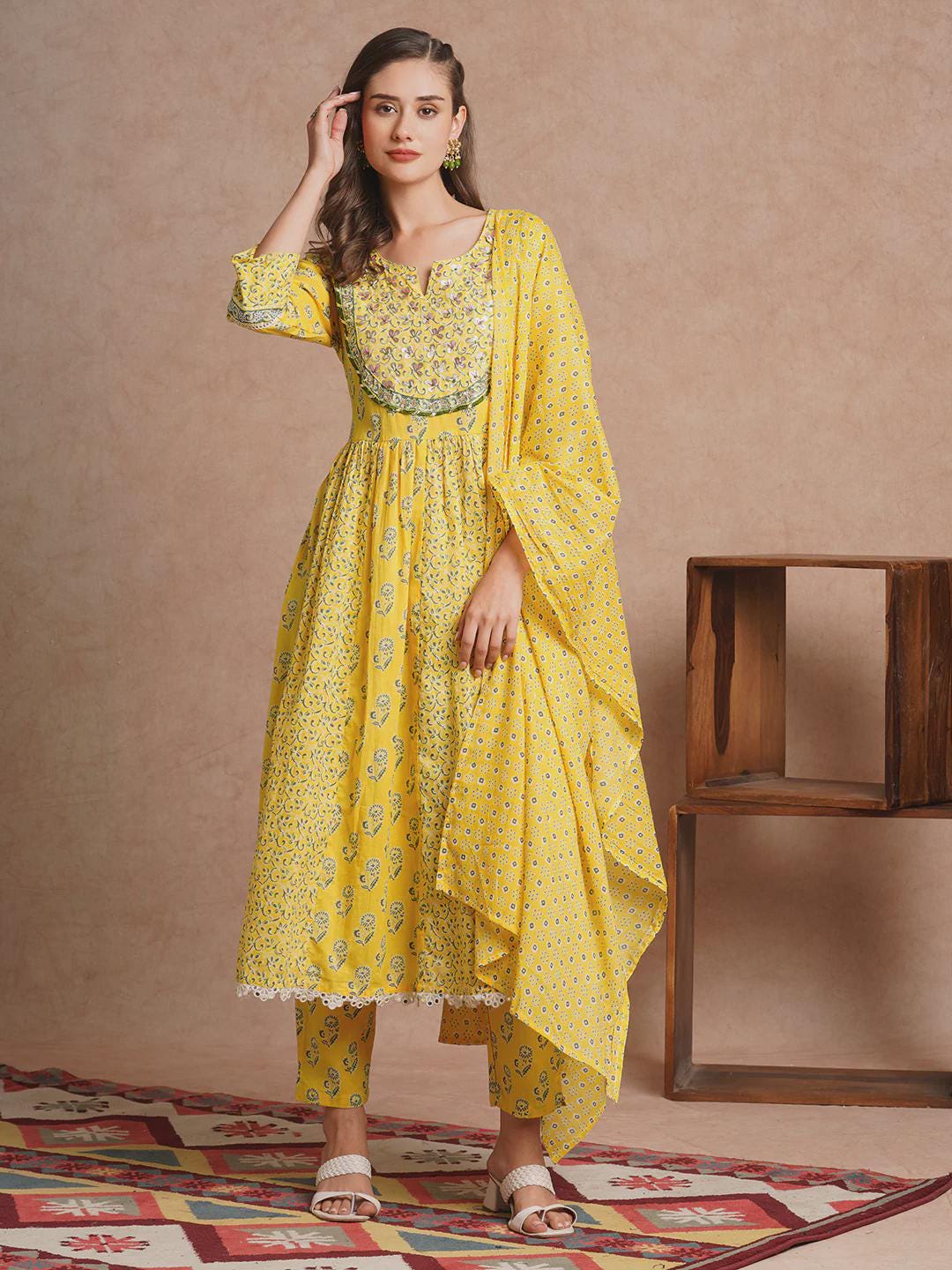Yellow Floral Embroidered Anarkali Kurta Set: Ethnic Cotton Dress with Dupatta