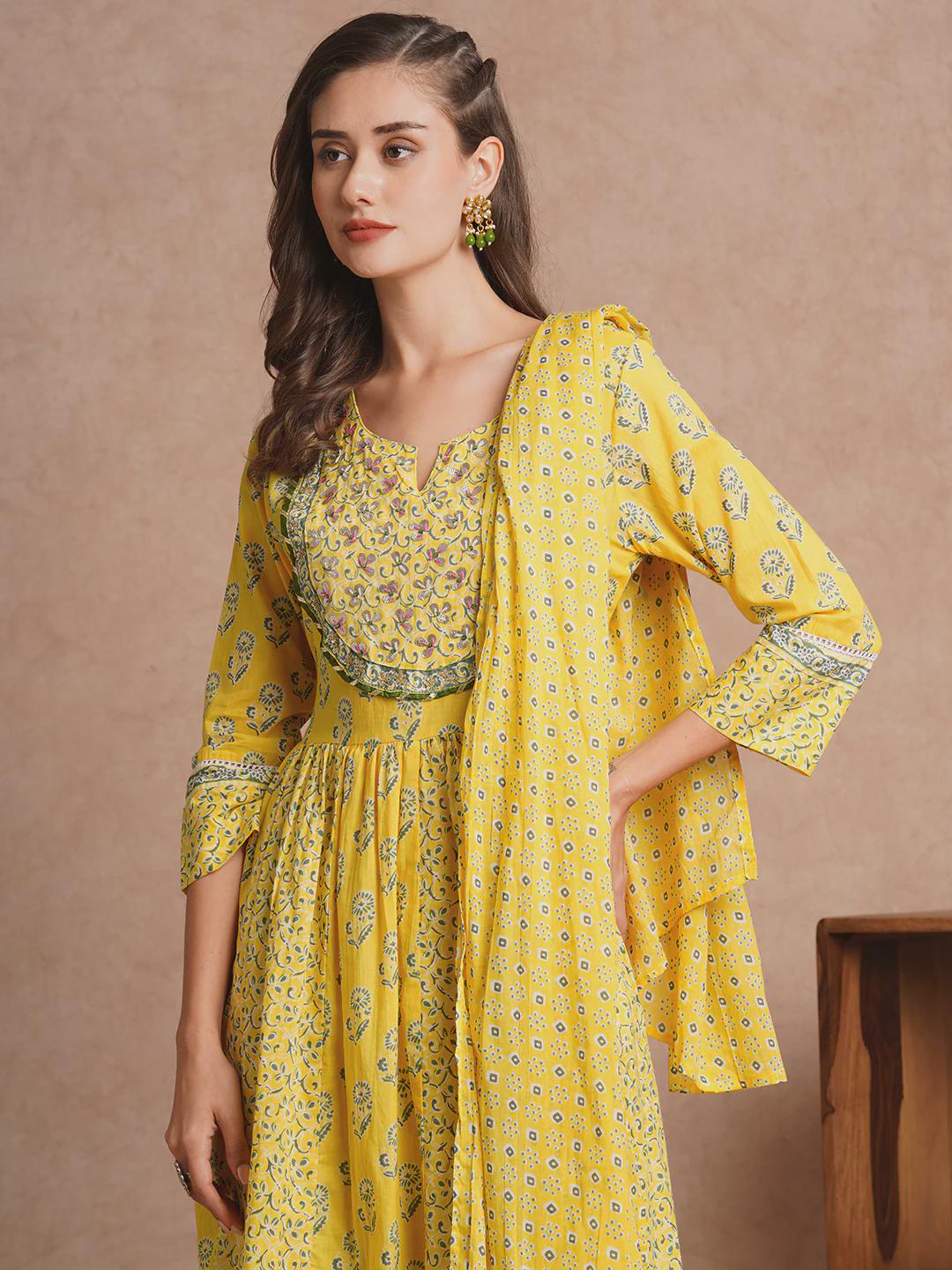 Yellow Floral Embroidered Anarkali Kurta Set: Ethnic Cotton Dress with Dupatta