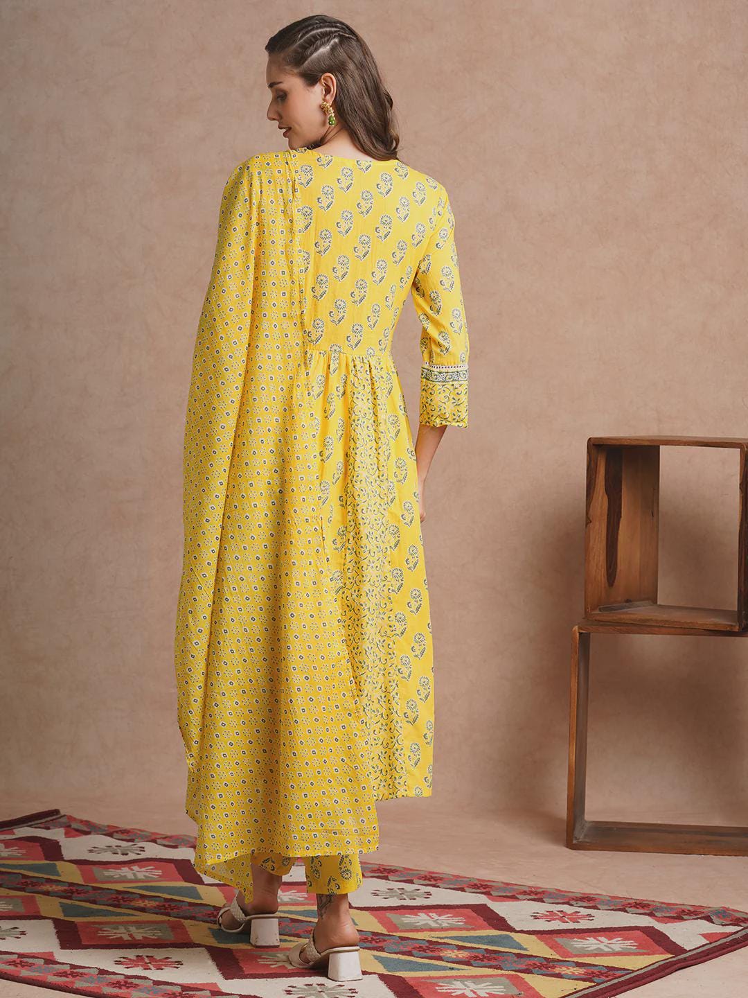Yellow Floral Embroidered Anarkali Kurta Set: Ethnic Cotton Dress with Dupatta