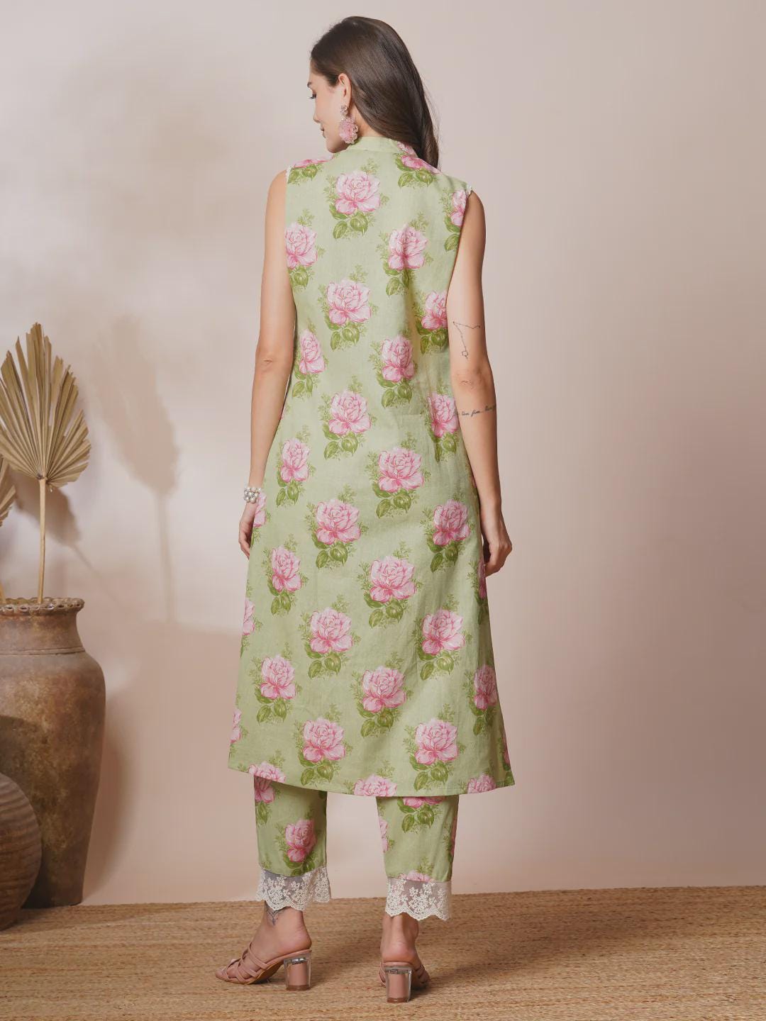 Floral Foil Printed & Hand Embroidered A-Line Co-ord Set - Green
