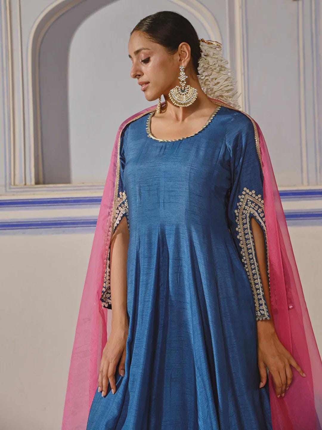 Dola Silk Ethnic Embroidered Anarkali Kurta with Palazzo & Ombre Dupatta - Blue