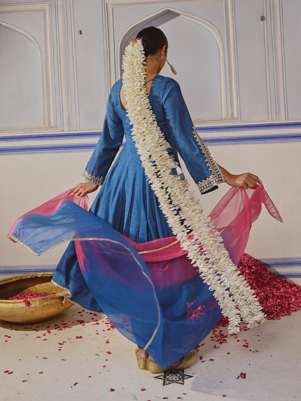 Dola Silk Ethnic Embroidered Anarkali Kurta with Palazzo & Ombre Dupatta - Blue