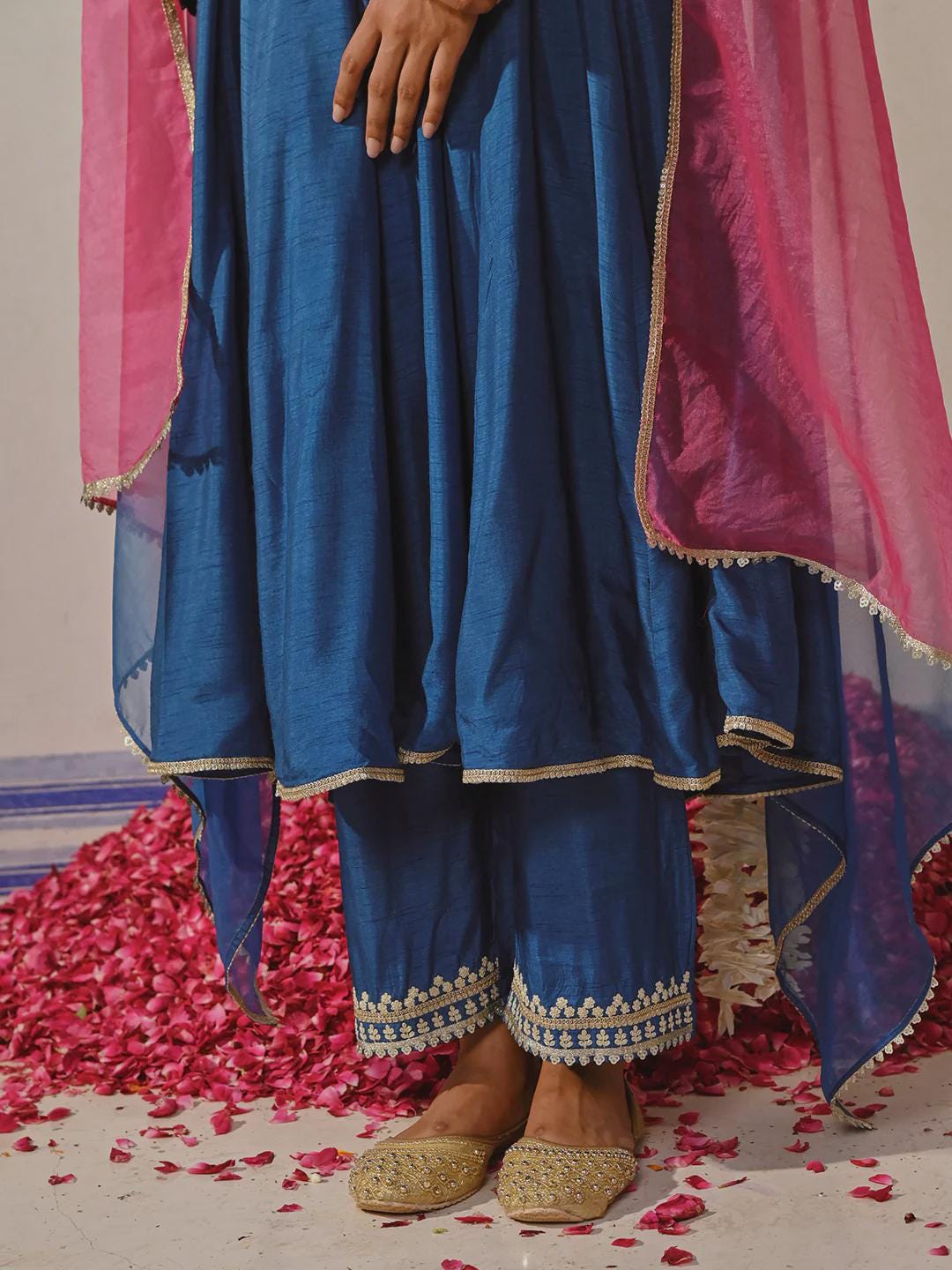 Dola Silk Ethnic Embroidered Anarkali Kurta with Palazzo & Ombre Dupatta - Blue