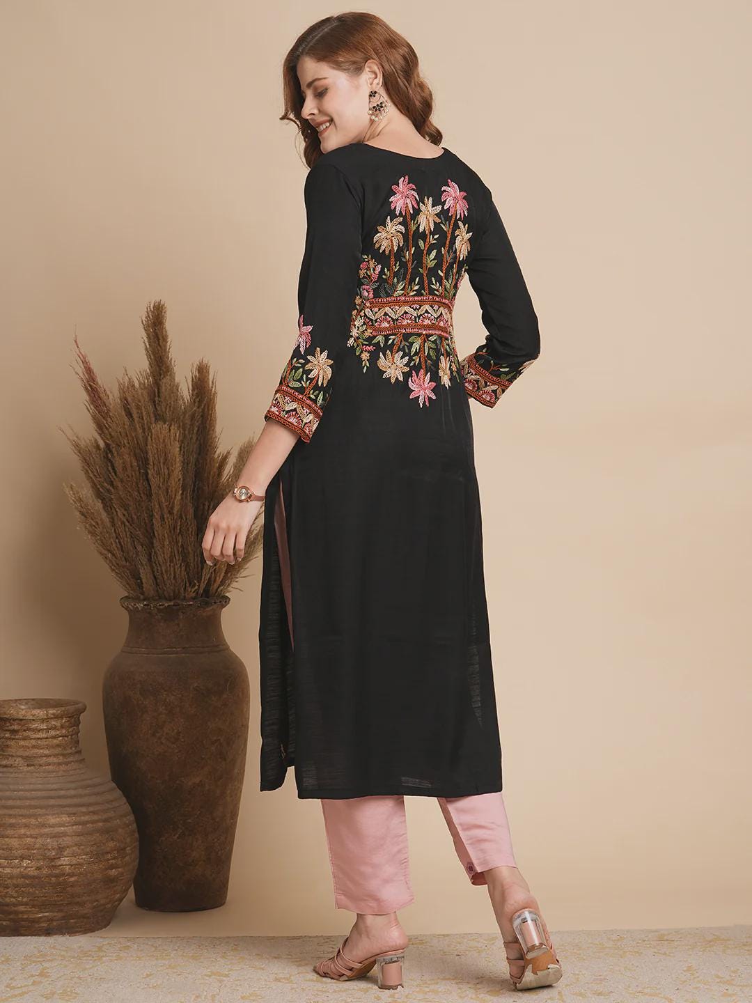 Floral Hand Embroidered Black Silk Blend Kurta