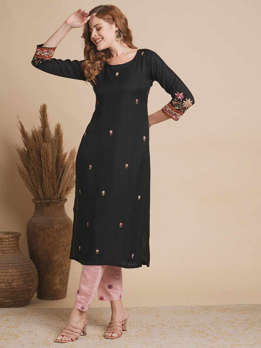 Floral Hand Embroidered Black Silk Blend Kurta