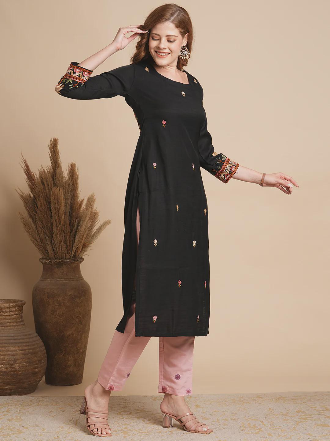 Floral Hand Embroidered Black Silk Blend Kurta