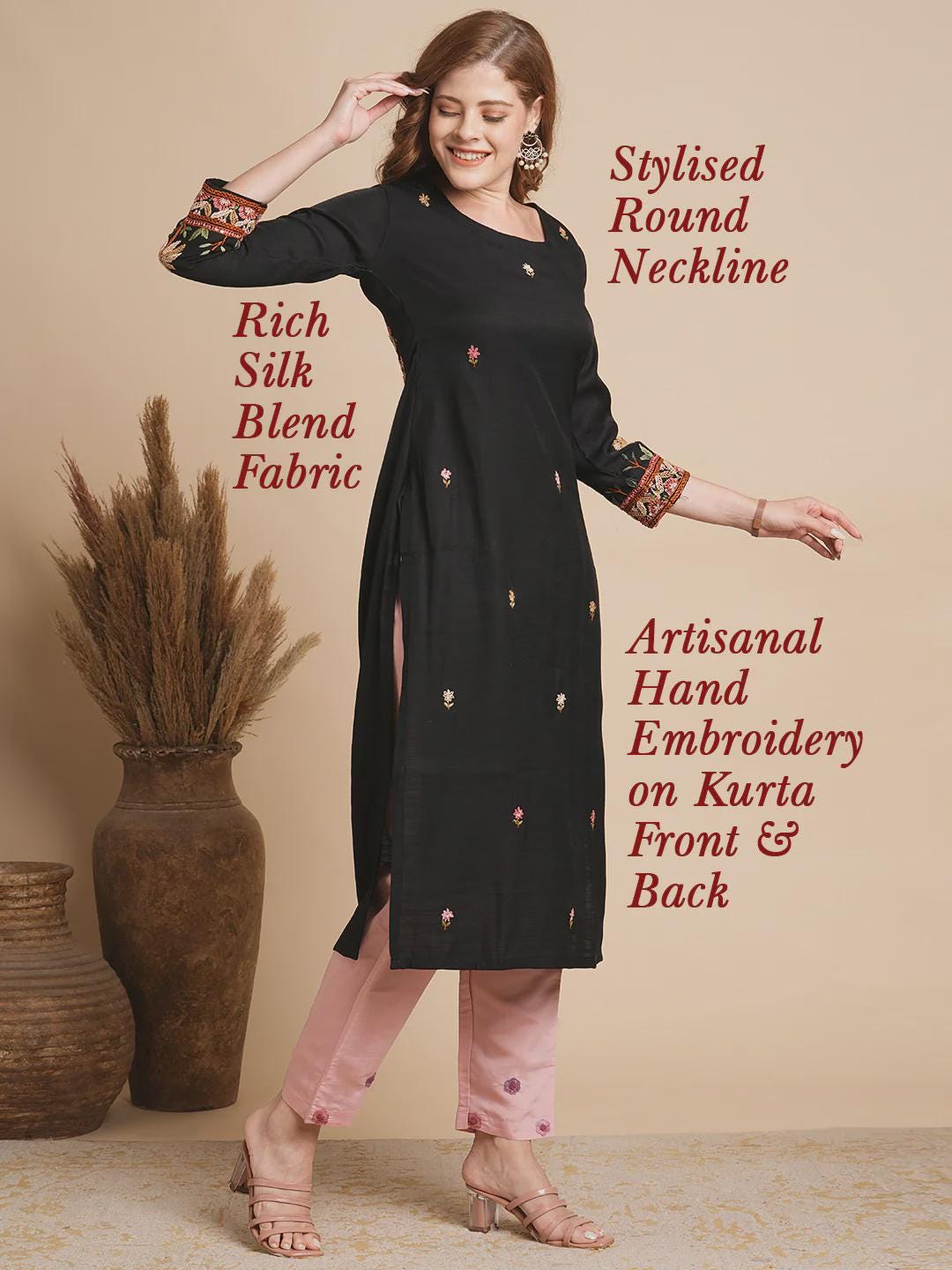 Floral Hand Embroidered Black Silk Blend Kurta