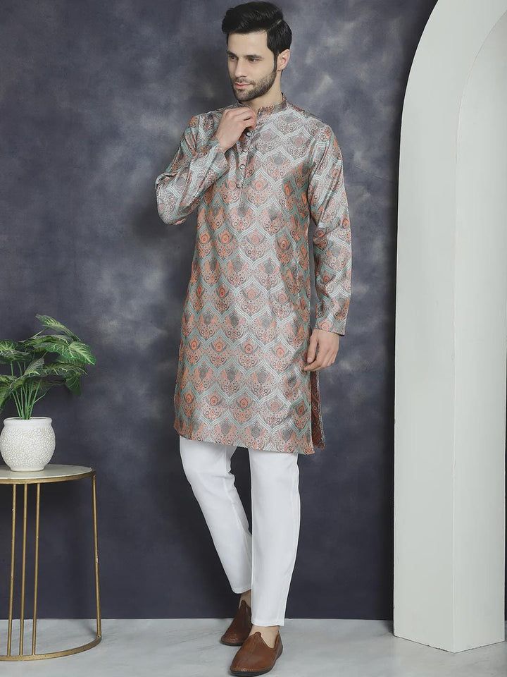 Silver and Rust Jacquard Brocade Kurta Set for Men