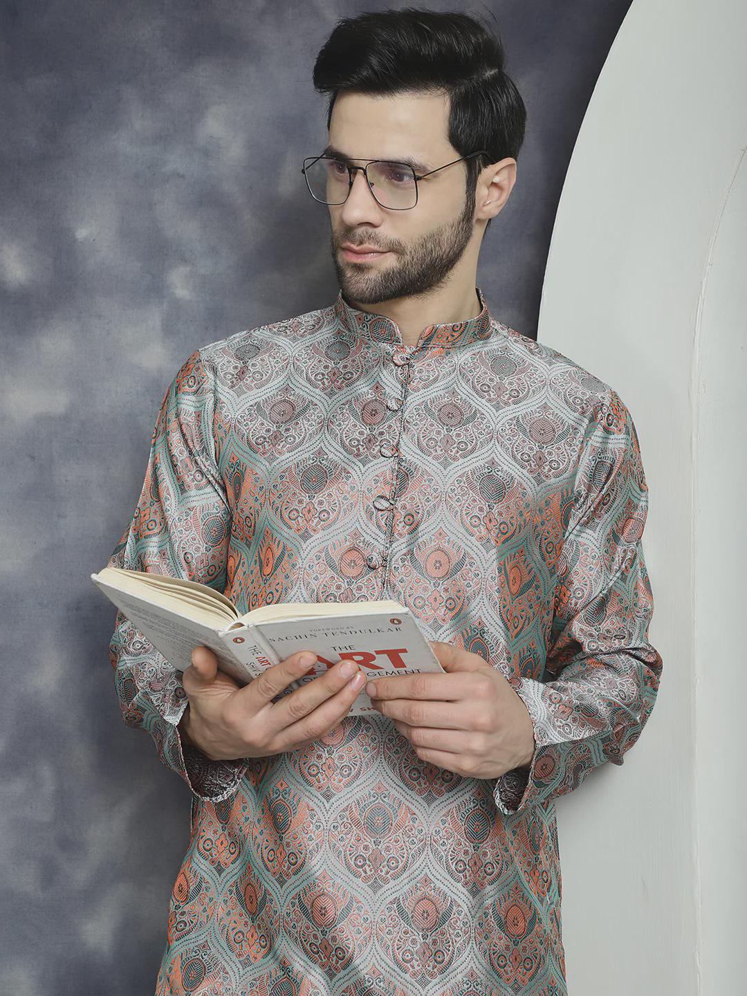 Silver and Rust Jacquard Brocade Kurta Set for Men