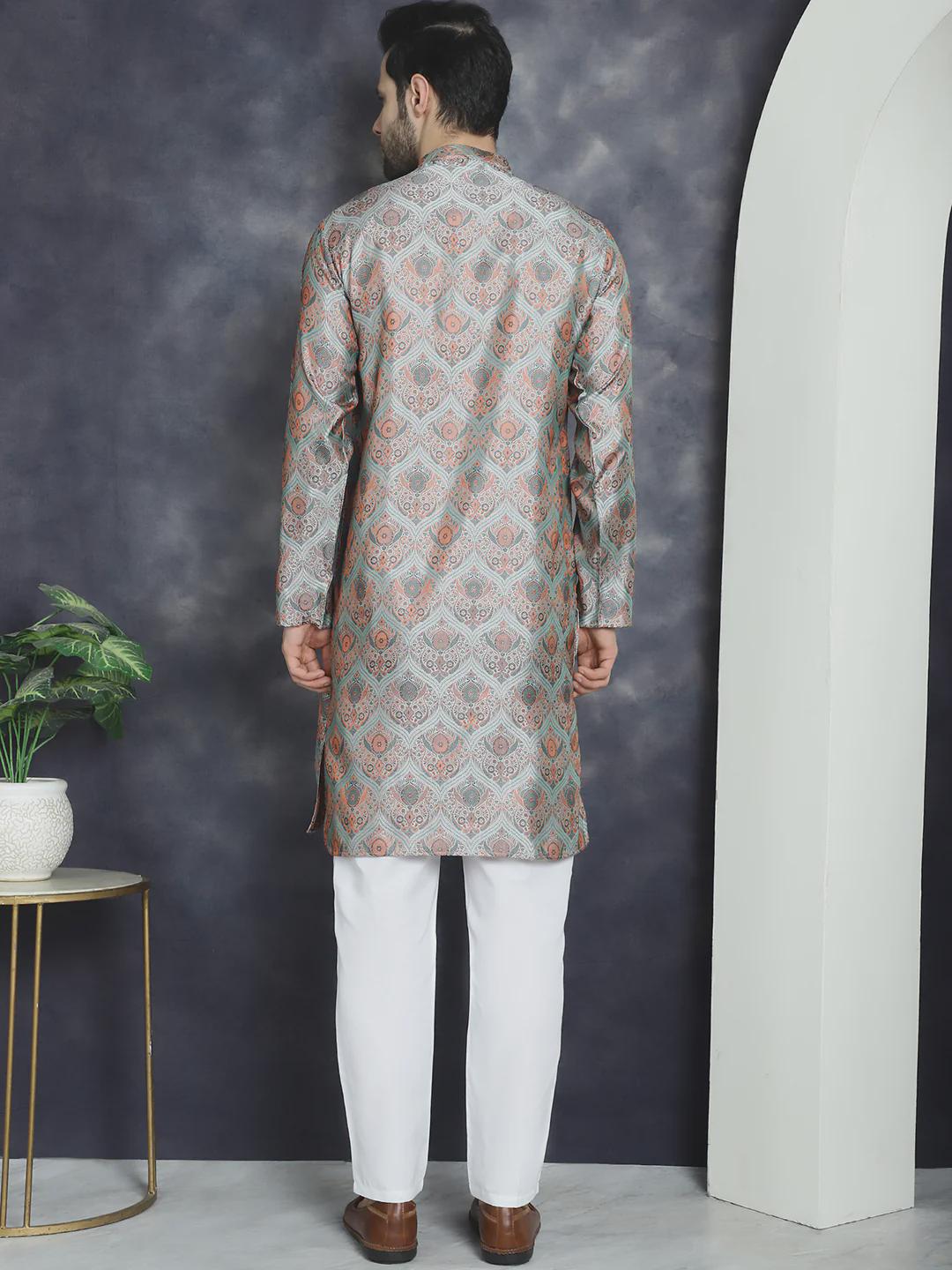 Silver and Rust Jacquard Brocade Kurta Set for Men