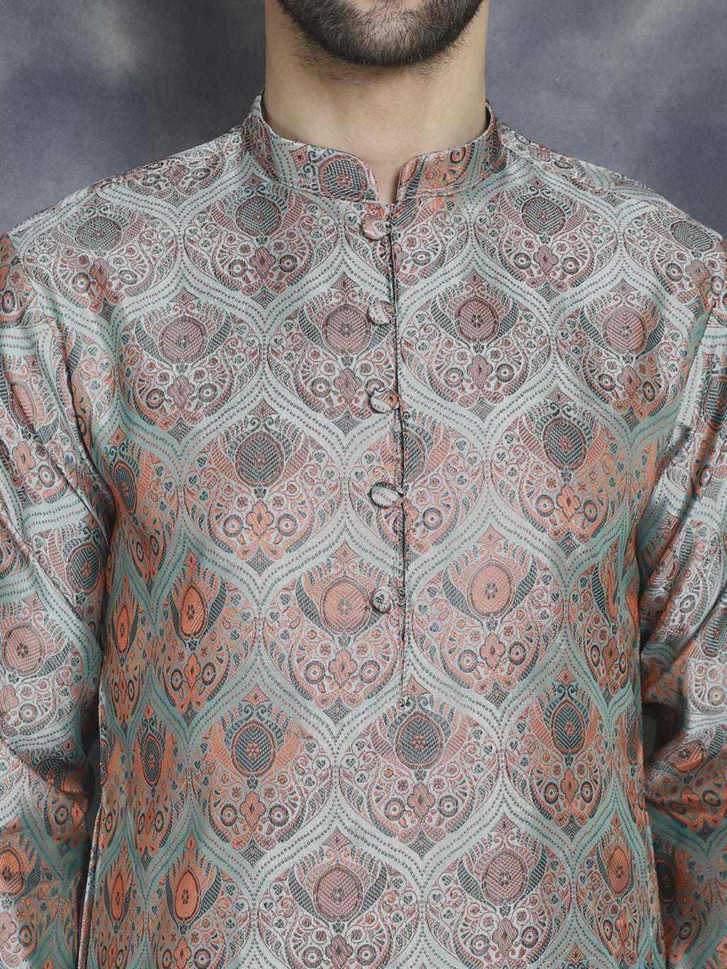 Silver and Rust Jacquard Brocade Kurta Set for Men