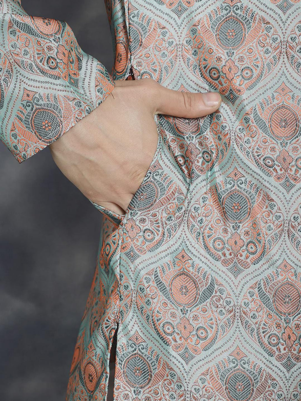 Silver and Rust Jacquard Brocade Kurta Set for Men