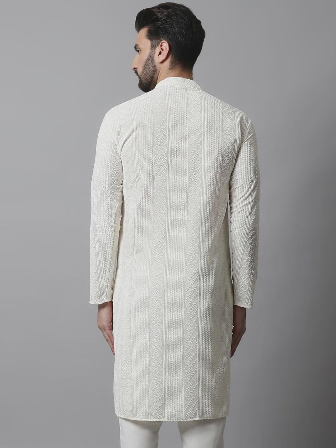 Men's Off White Kurta Set: Textured Cotton Blend, Cream Churidar