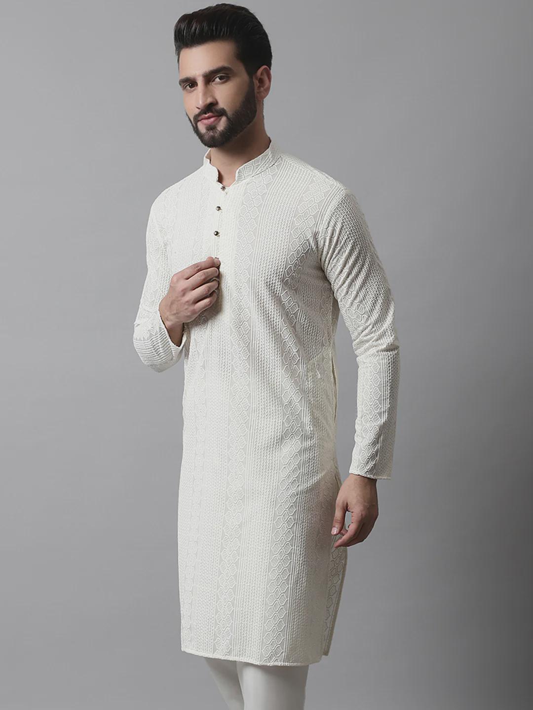 Men's Off White Kurta Set: Textured Cotton Blend, Cream Churidar