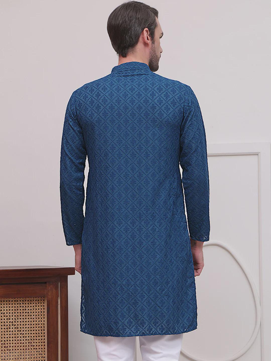 Men's Teal Blue Woven Kurta Set: Ethnic Jacquard Cotton Blend