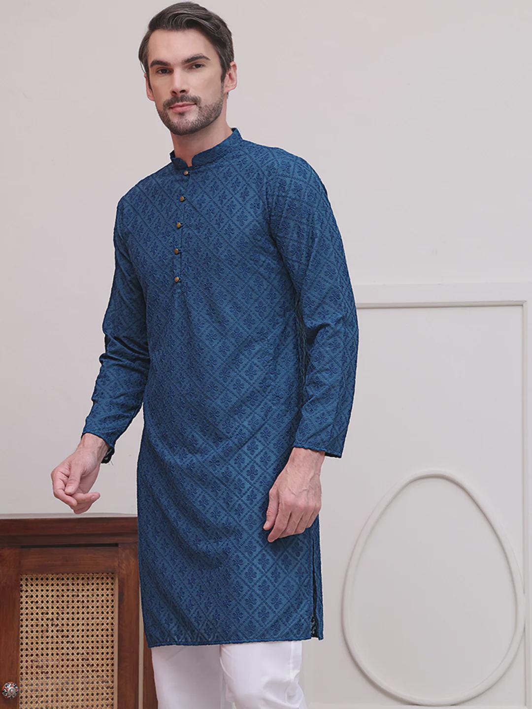 Men's Teal Blue Woven Kurta Set: Ethnic Jacquard Cotton Blend