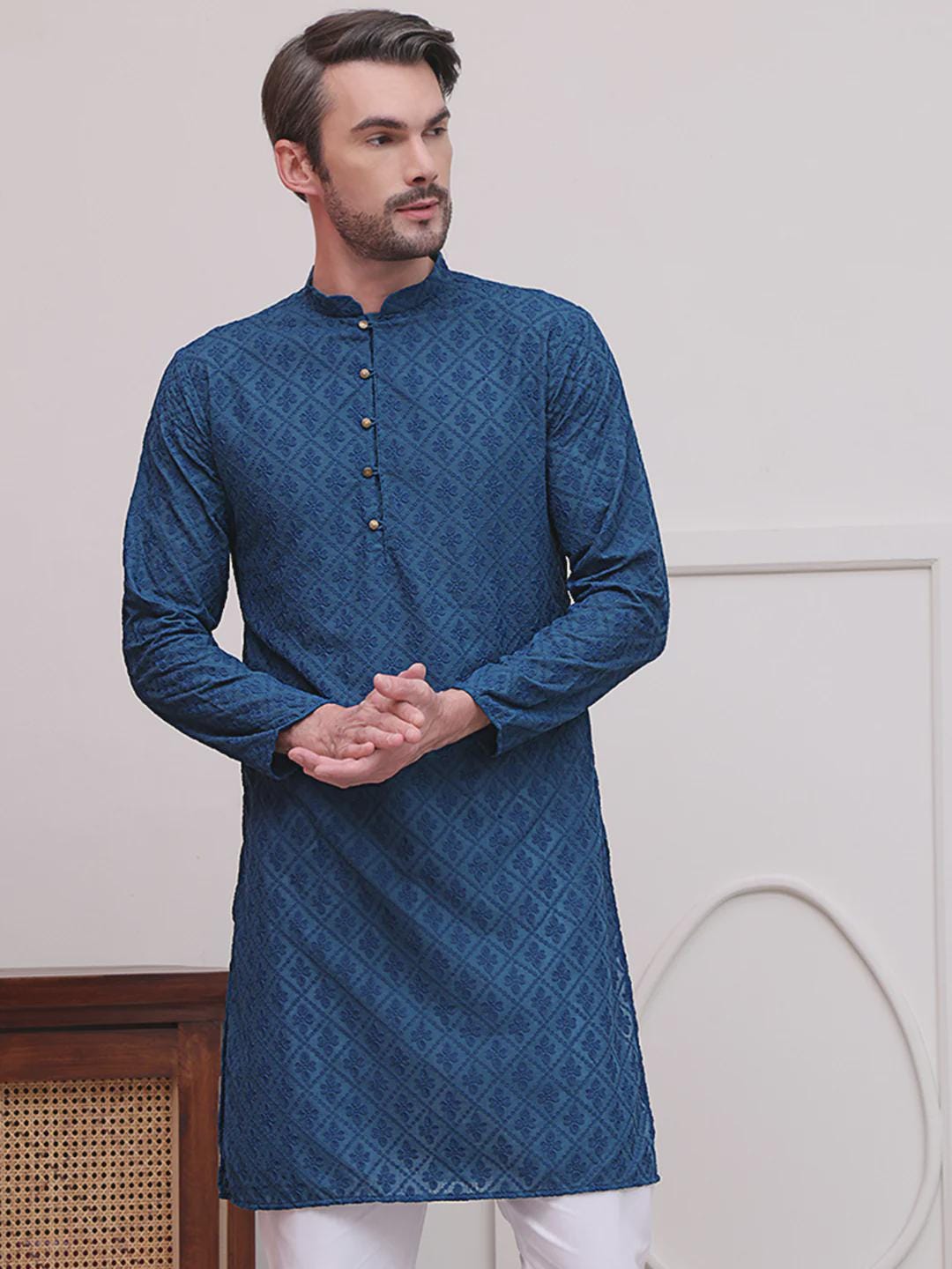 Men's Teal Blue Woven Kurta Set: Ethnic Jacquard Cotton Blend