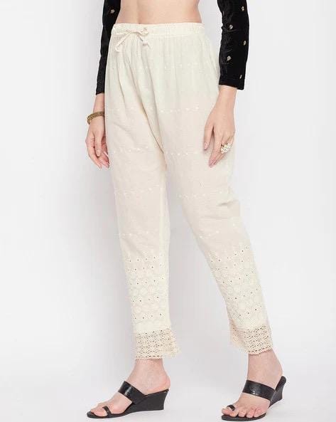 Embroidered Beige Palazzos