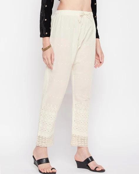 Embroidered Beige Palazzos