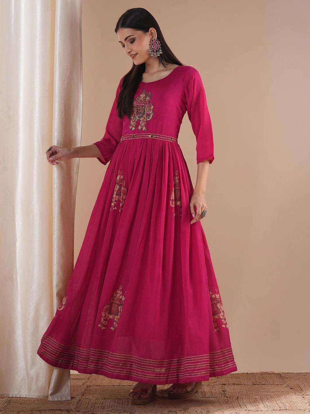 Elephant Foil Printed and  Hand Embroidered A-Line Pleated Fit and  Flare Maxi Dress - Pink