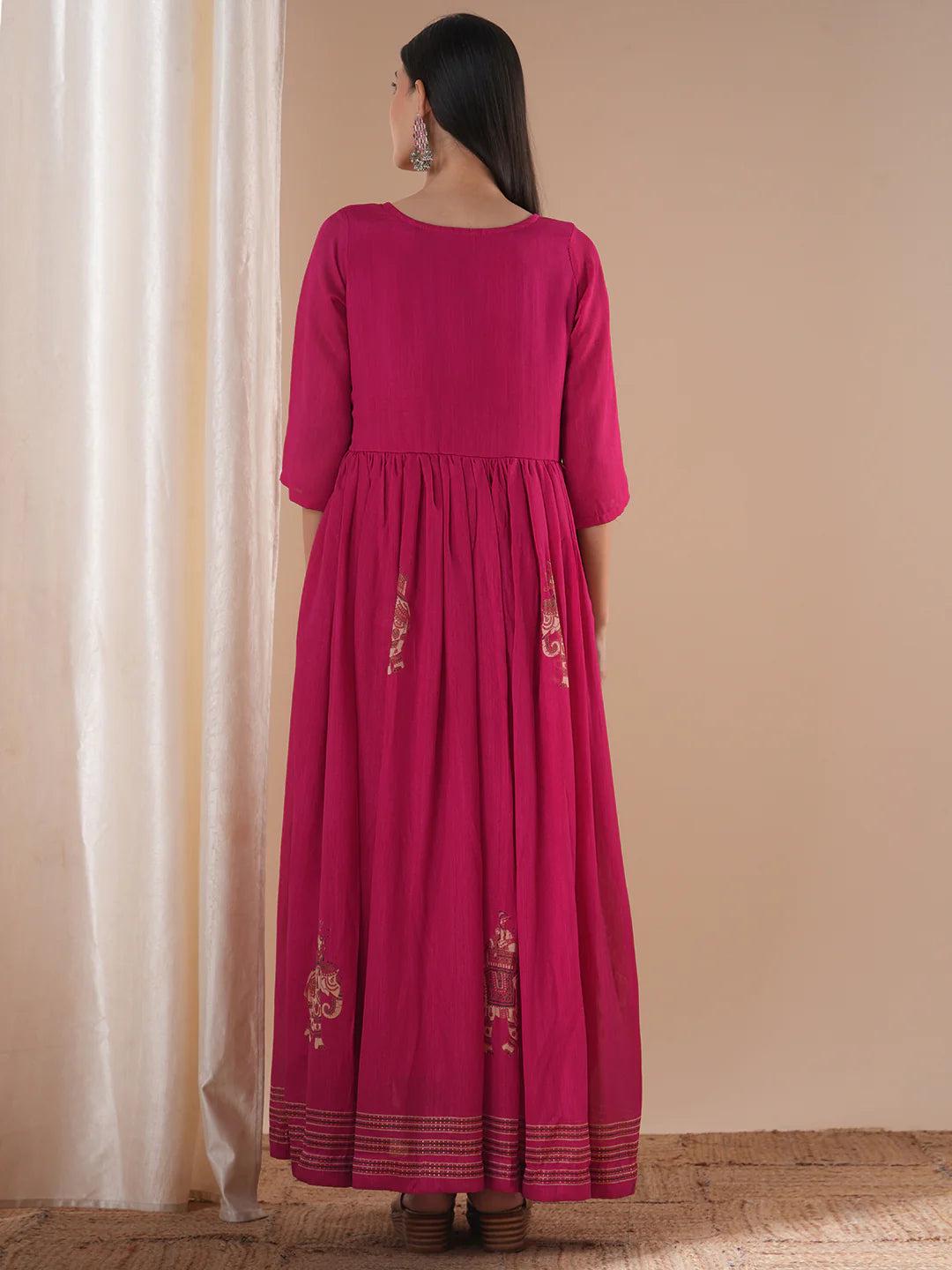 Elephant Foil Printed and  Hand Embroidered A-Line Pleated Fit and  Flare Maxi Dress - Pink