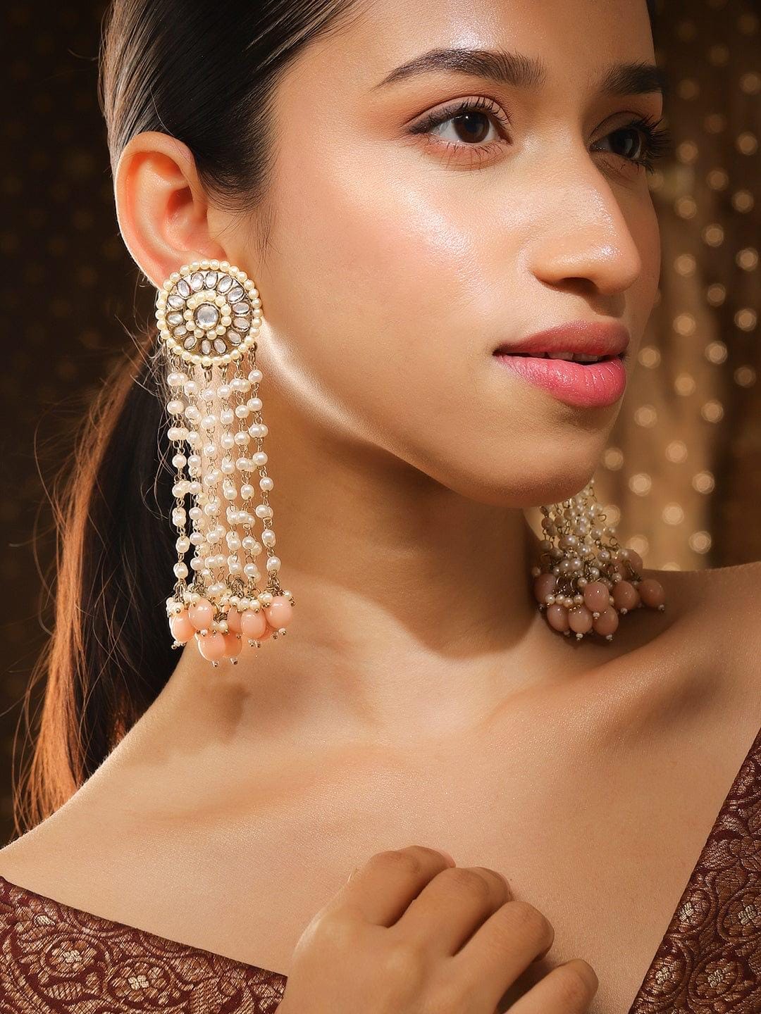 18K Gold-Plated Long Kundan & Pearl Earrings