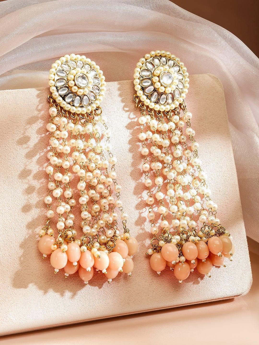 18K Gold-Plated Long Kundan & Pearl Earrings
