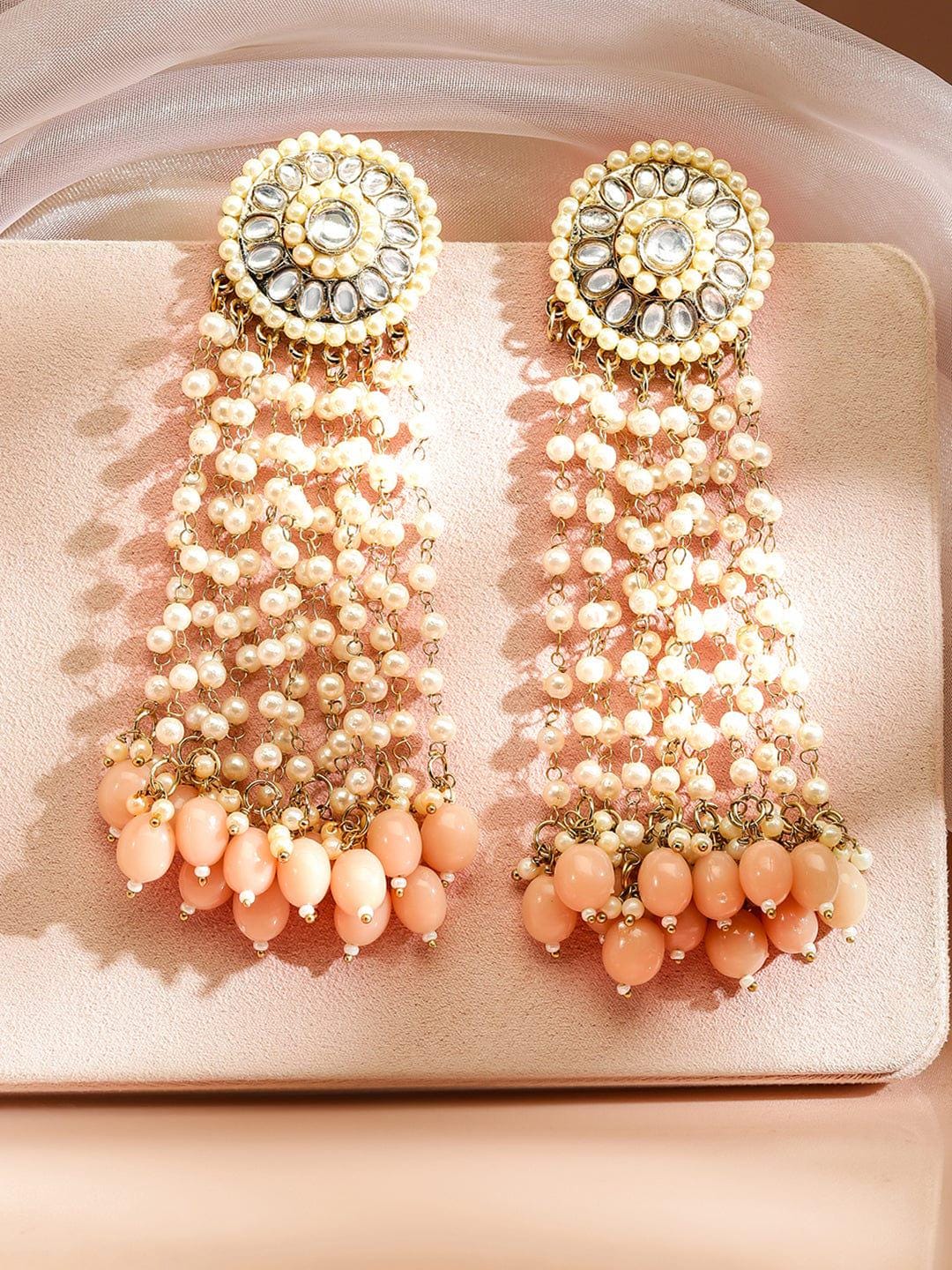 18K Gold-Plated Long Kundan & Pearl Earrings
