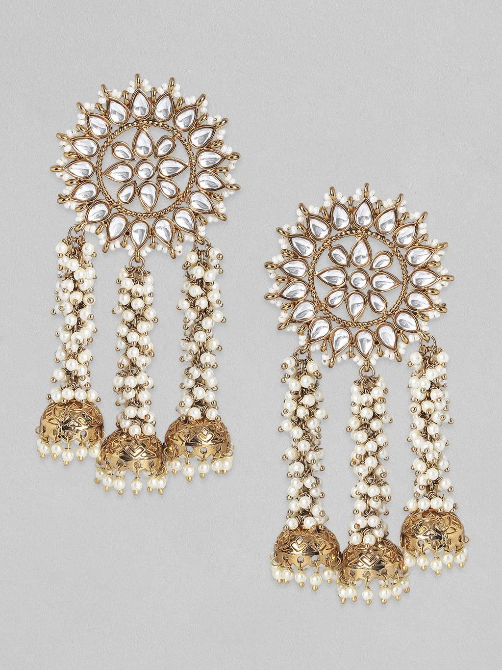 Handcrafted Kundan & Pearl Multi-Jhumka Earrings
