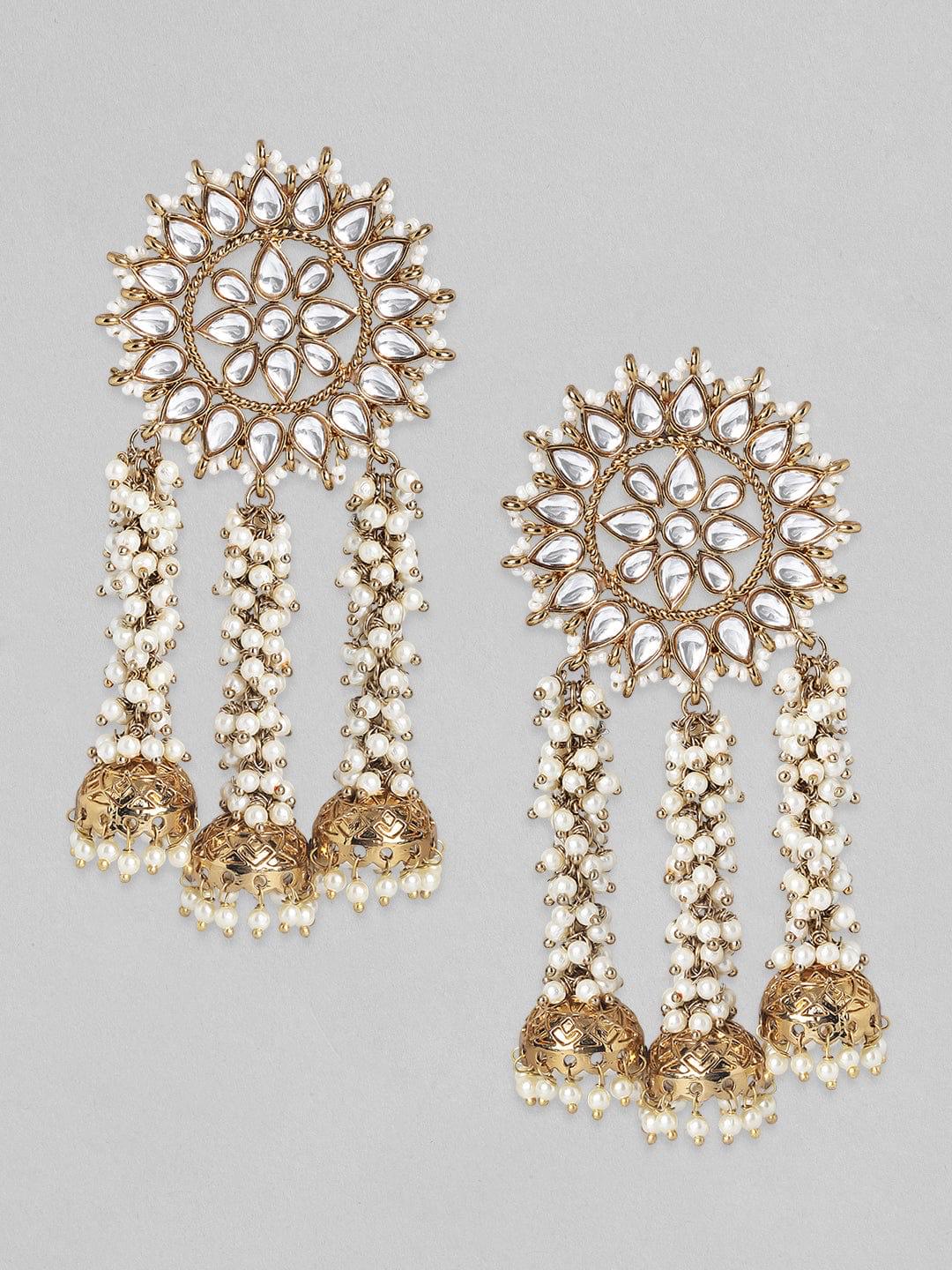 Handcrafted Kundan & Pearl Multi-Jhumka Earrings