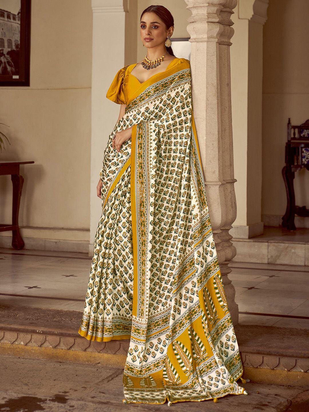 Mustard Ajrakh Printed Saree