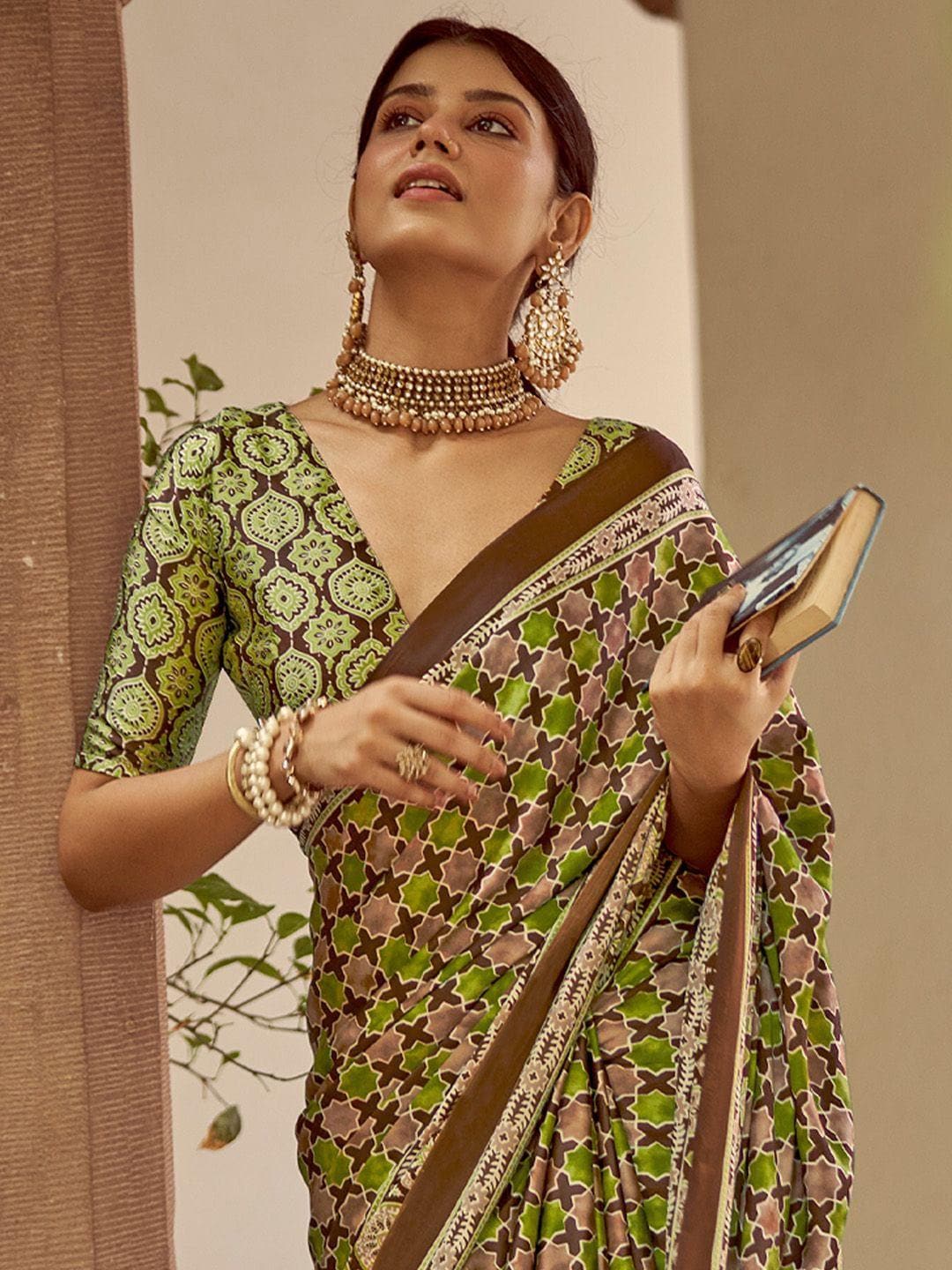 Green Printed Japan Satin Saree with Unstitched Blouse