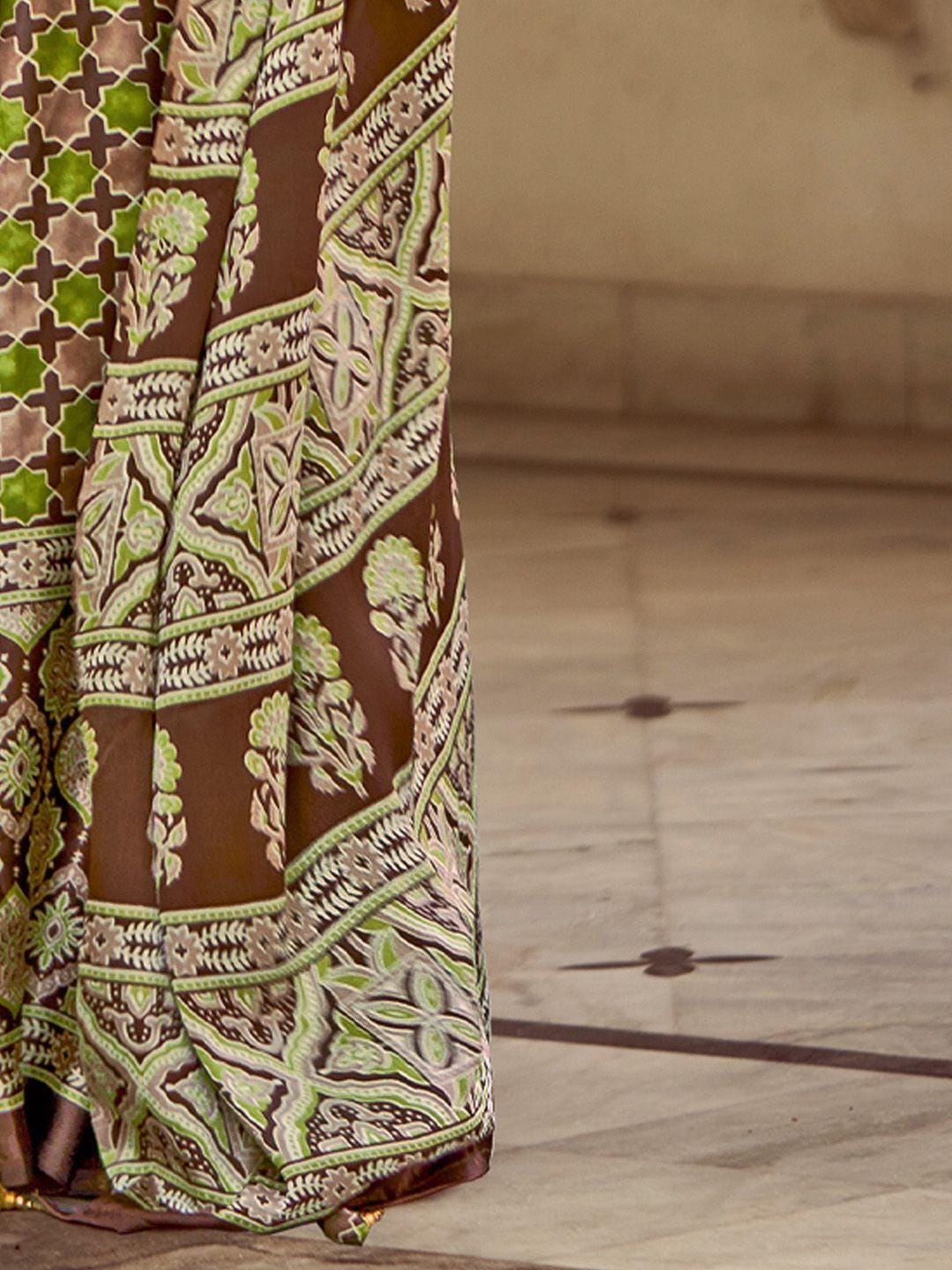 Green Printed Japan Satin Saree with Unstitched Blouse