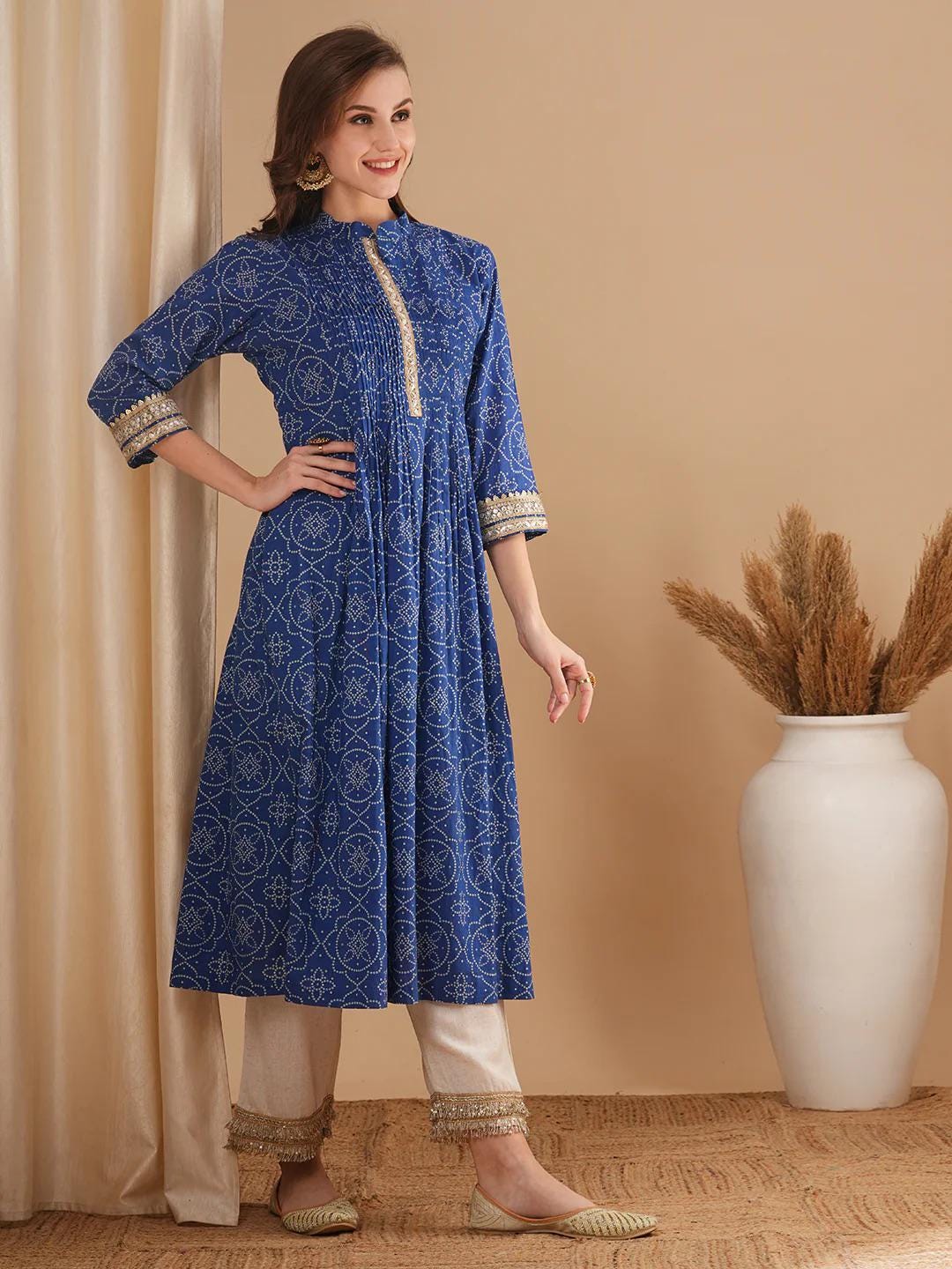 Bandhani Printed & Embroidered A-Line Pleated Kurta - Blue
