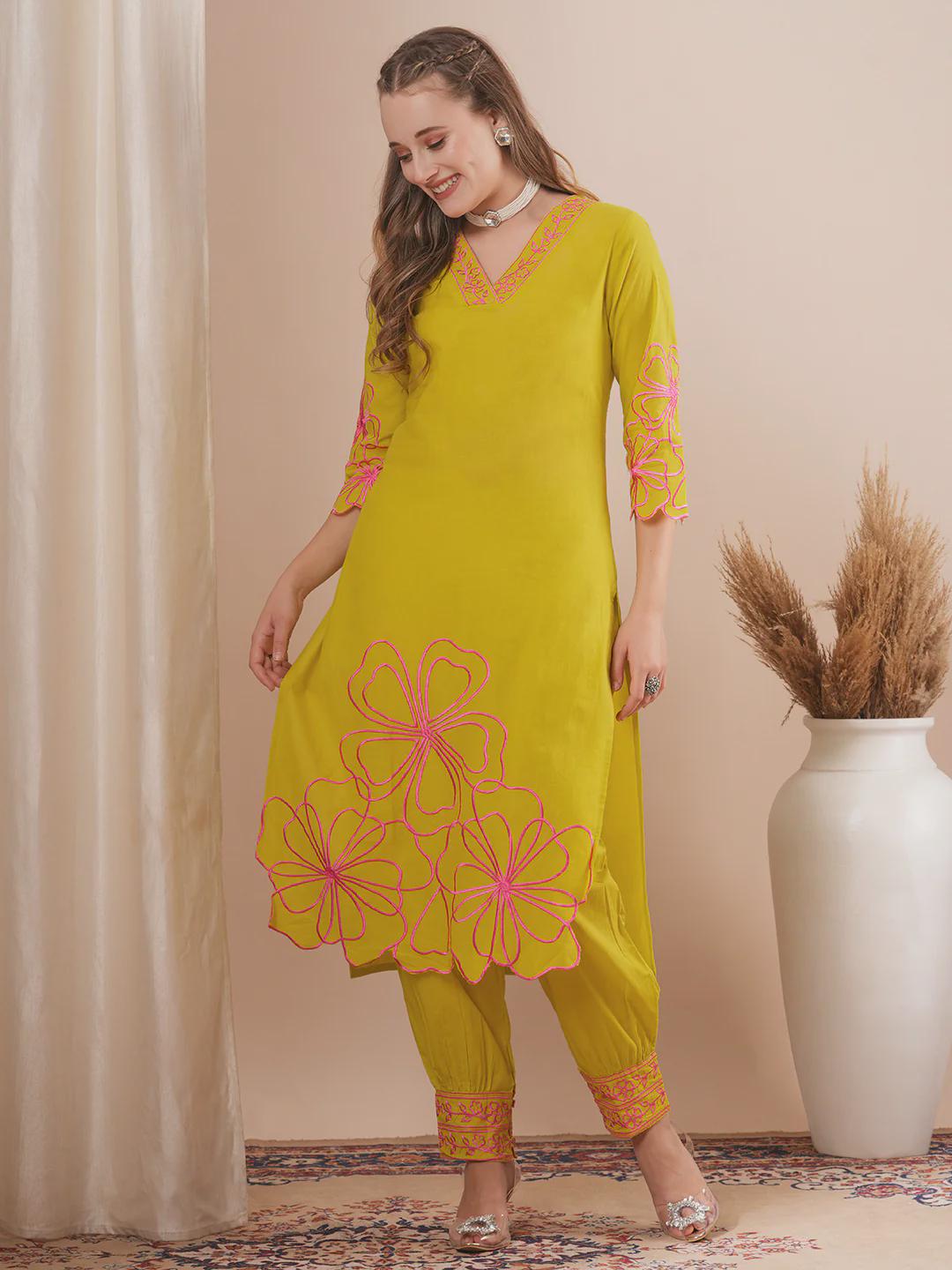 Abstract Floral Cutwork Embroidered Straight Fit Kurta Set - Lime Green