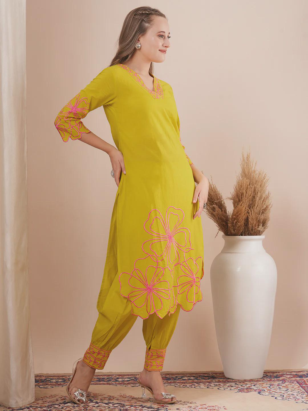 Abstract Floral Cutwork Embroidered Straight Fit Kurta Set - Lime Green