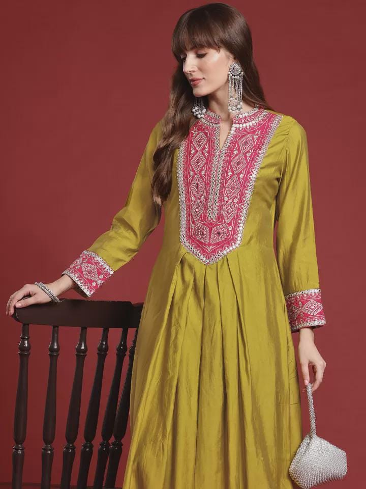 Olive Silk Blend Embroidered Kurta Set with Pink Yoke